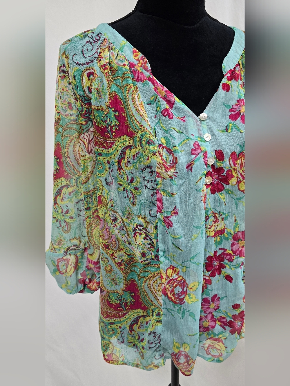 Fig and Flower women M paisley floral henley blouse cottagecore peasant boho - Picture 3 of 7